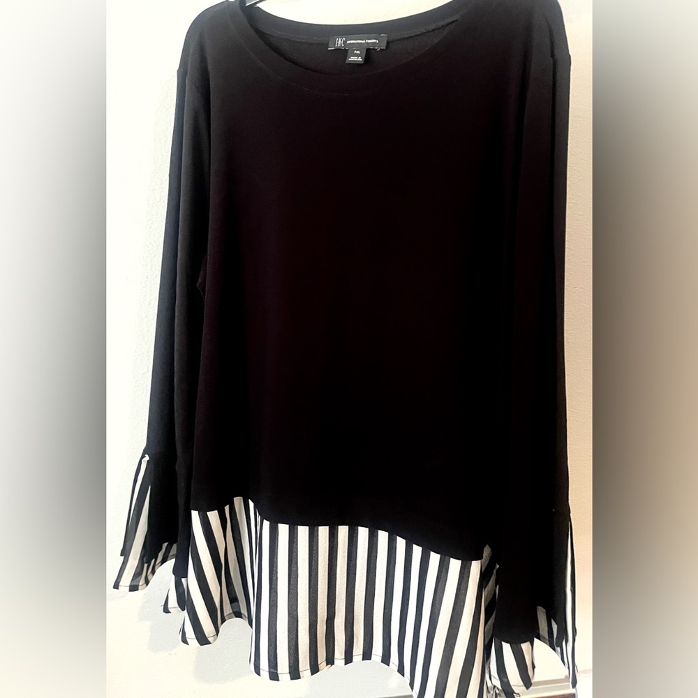 NWT INC Black Long Sleeve Blouse With Sheer Black & White Striped Trim. Sz PXL